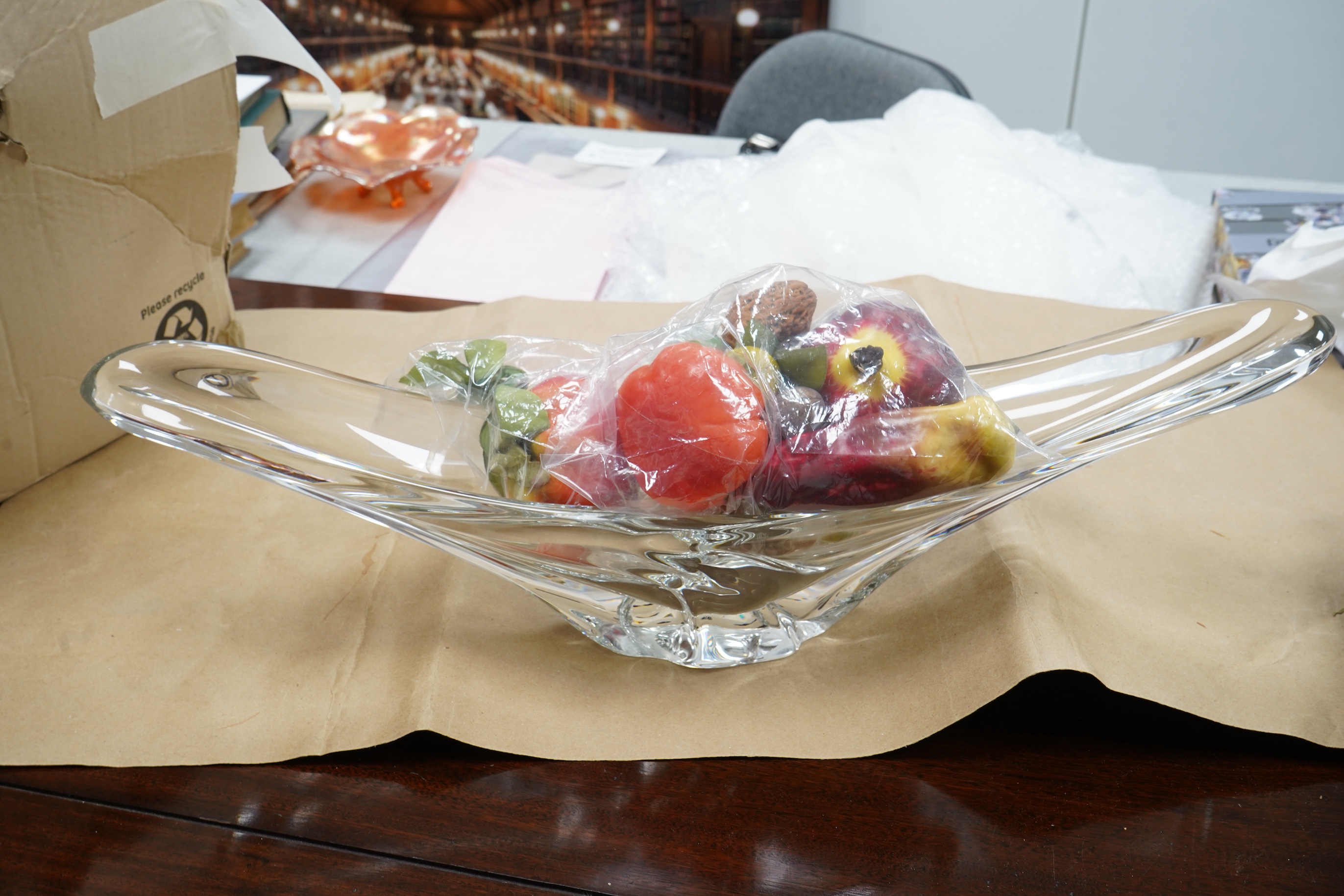 Daum crystal glass centrepiece bowl , Swallowtail form, 60 cm wide (together with artificial veg etc)
